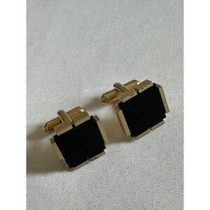 VINTAGE SIGNED DANTE GOLD TONED Cufflinks Black Stone Glass W6